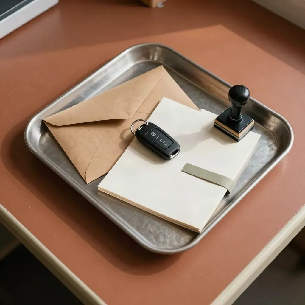 Kit administrativo con sobre kraft, llaves de coche, sello y bandeja metálica sobre fondo terracota.