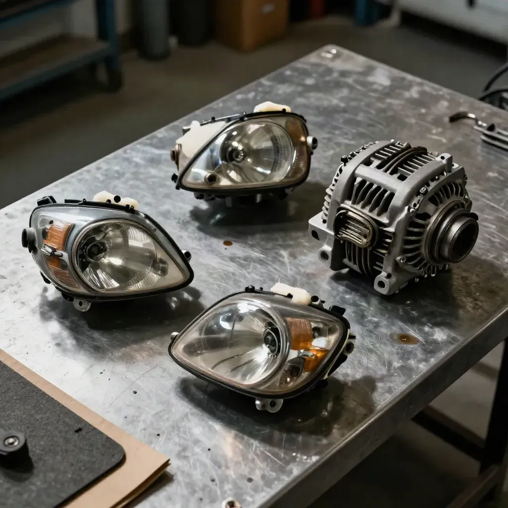 Tres faros usados y un alternador sobre un banco de taller, con espuma protectora y luz dramática.