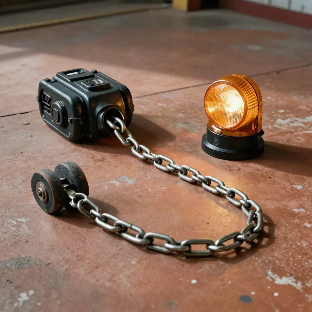 Kit de grúa sobre suelo de taller con cadena, cuñas y lente ámbar.