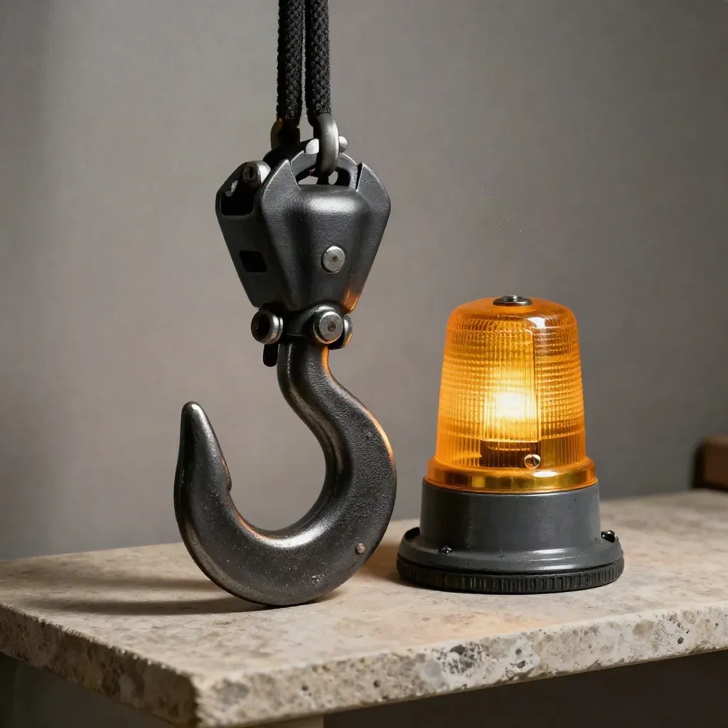 Gancho de grúa, luz ámbar y calzo de rueda sobre metal cepillado, estilo minimal.