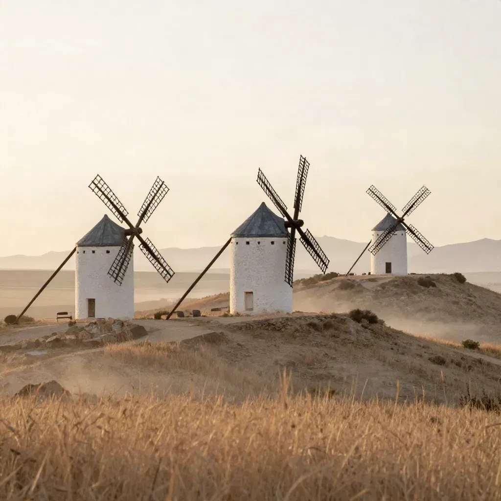 Molinos de La Mancha sobre una loma seca, con campo ondulado y bruma suave al amanecer.