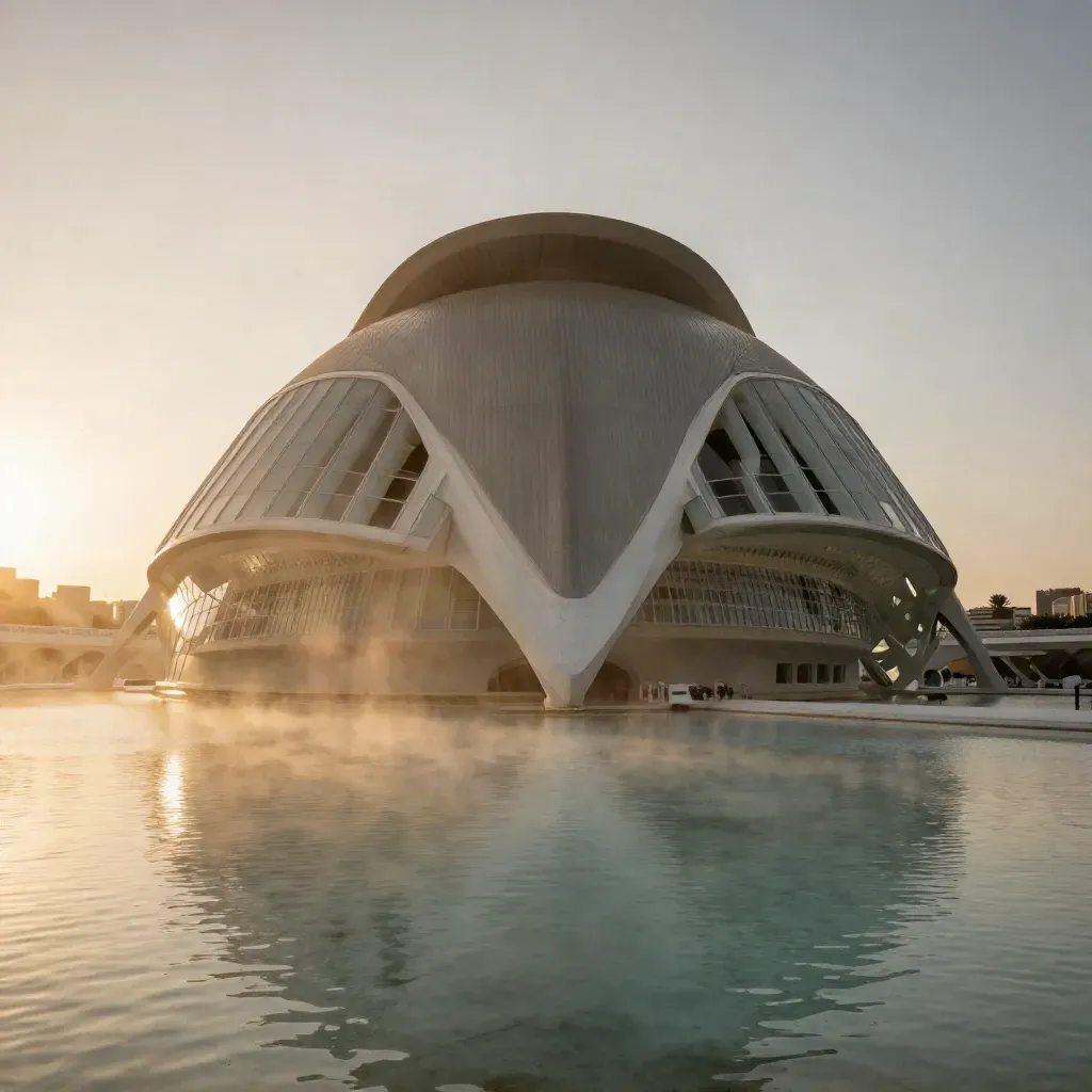 La Ciudad de las Artes y las Ciencias sobre agua quieta al atardecer, con cielo ámbar y reflejos suaves.