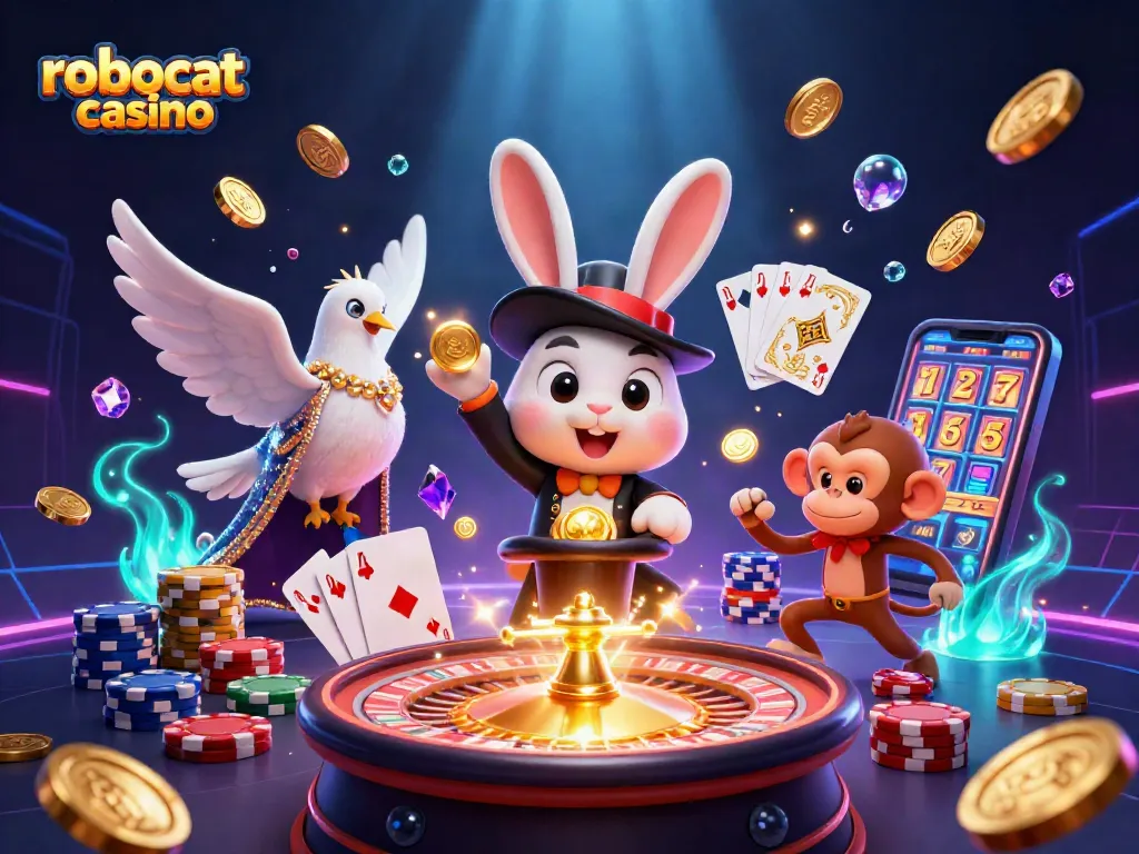 Engage with Robocat Casino's vibrant scene featuring a magician rabbit and lively casino elements.
