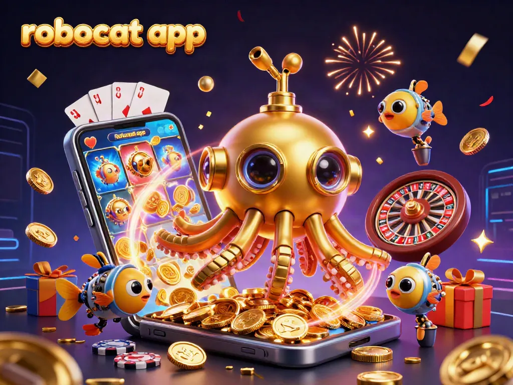 Play the exciting robocat app with a vibrant casino experience featuring a golden kraken and slot games.